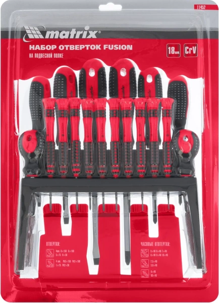 11452 Набор отверток Fusion на полке, 18 шт., PH + SL + Torx, CrV, 3к рукоятка// Matrix